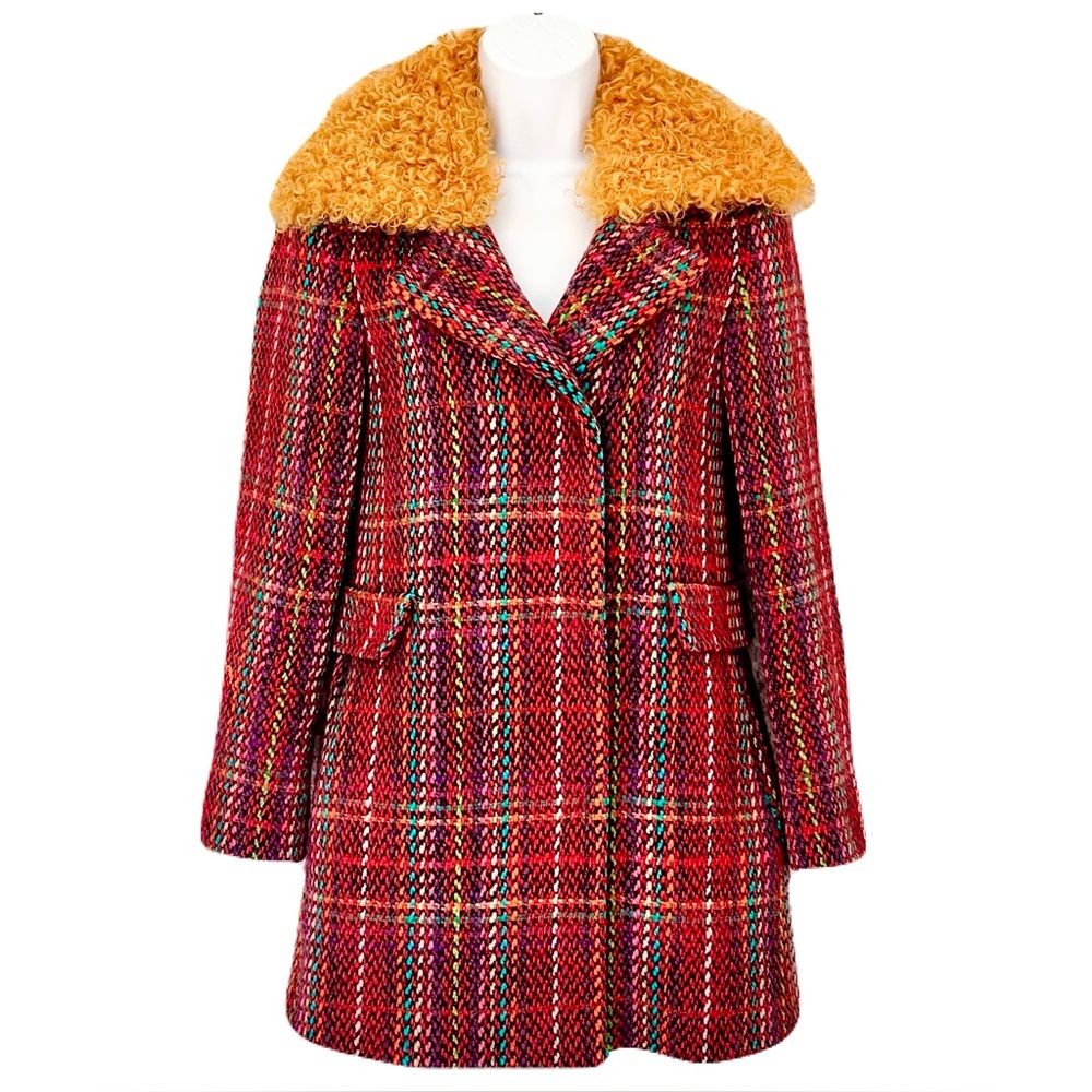 Vintage Etro 100% Wool Rainbow Tweed Coat w/ Marigold Curly Wool Collar, Size 38